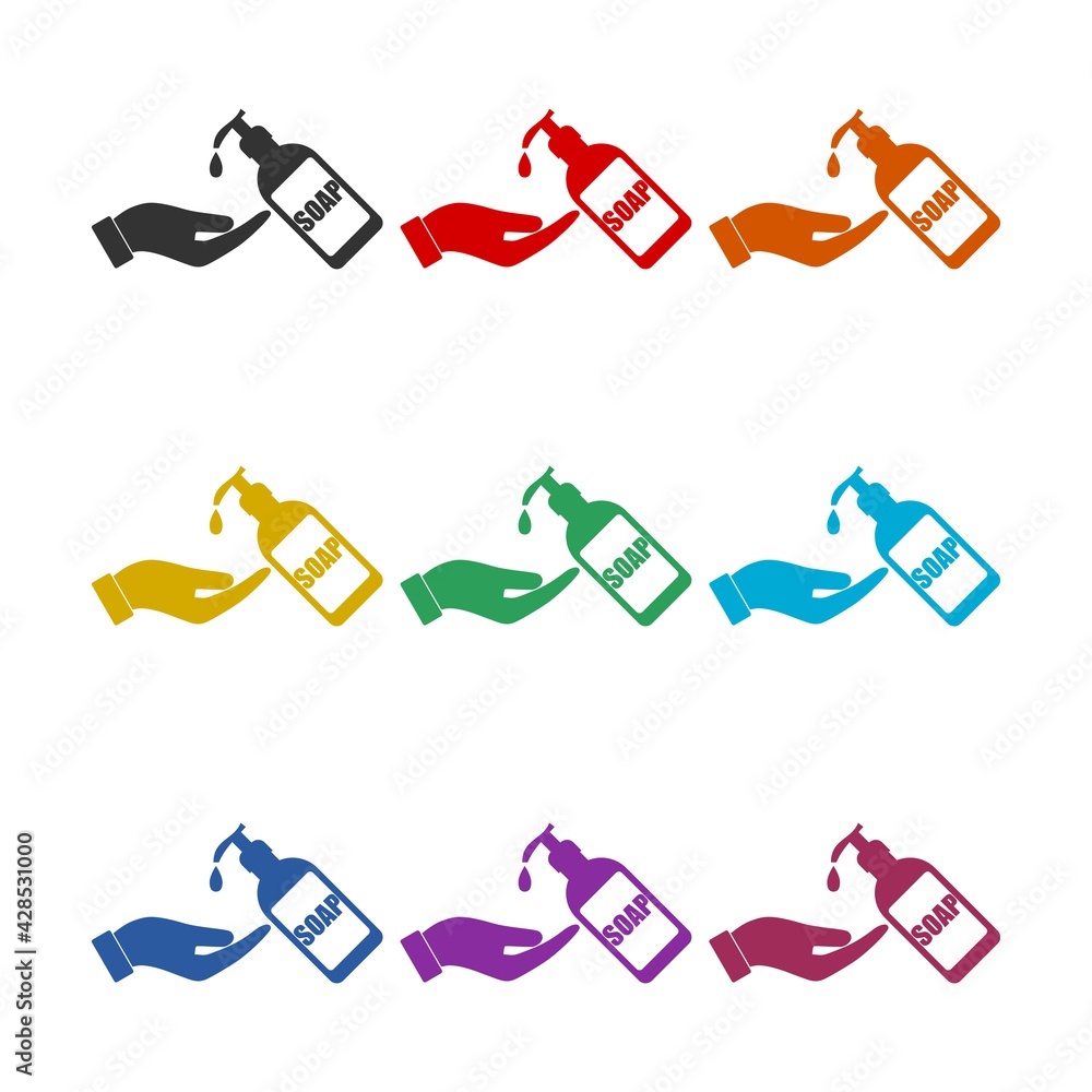 Naklejka premium Soap and hand icon isolated on white background color set