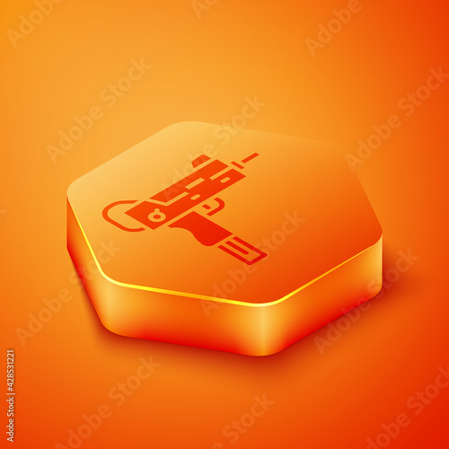 Isometric UZI submachine gun icon isolated on orange background. Automatic weapon. Orange hexagon button. Vector