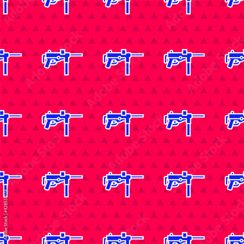 Blue Submachine gun M3, Grease gun icon isolated seamless pattern on red background. Vector