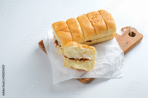 Torn bread filled with beef floss and mayonnaise photo