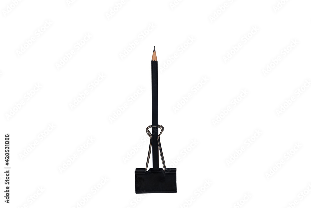 Obraz premium A black paper clip holds a pencil on a white background.