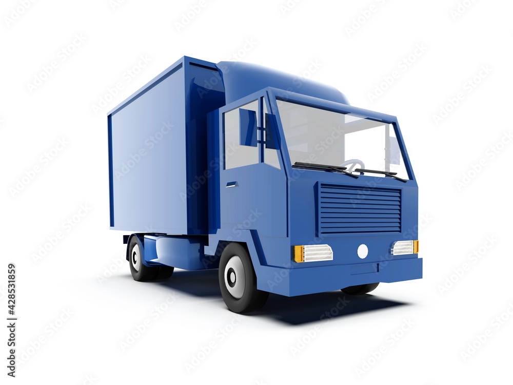 Blue Toy Commercial Delivery Truck on a White Background Blue Toy Commercial Delivery Truck on a White Background