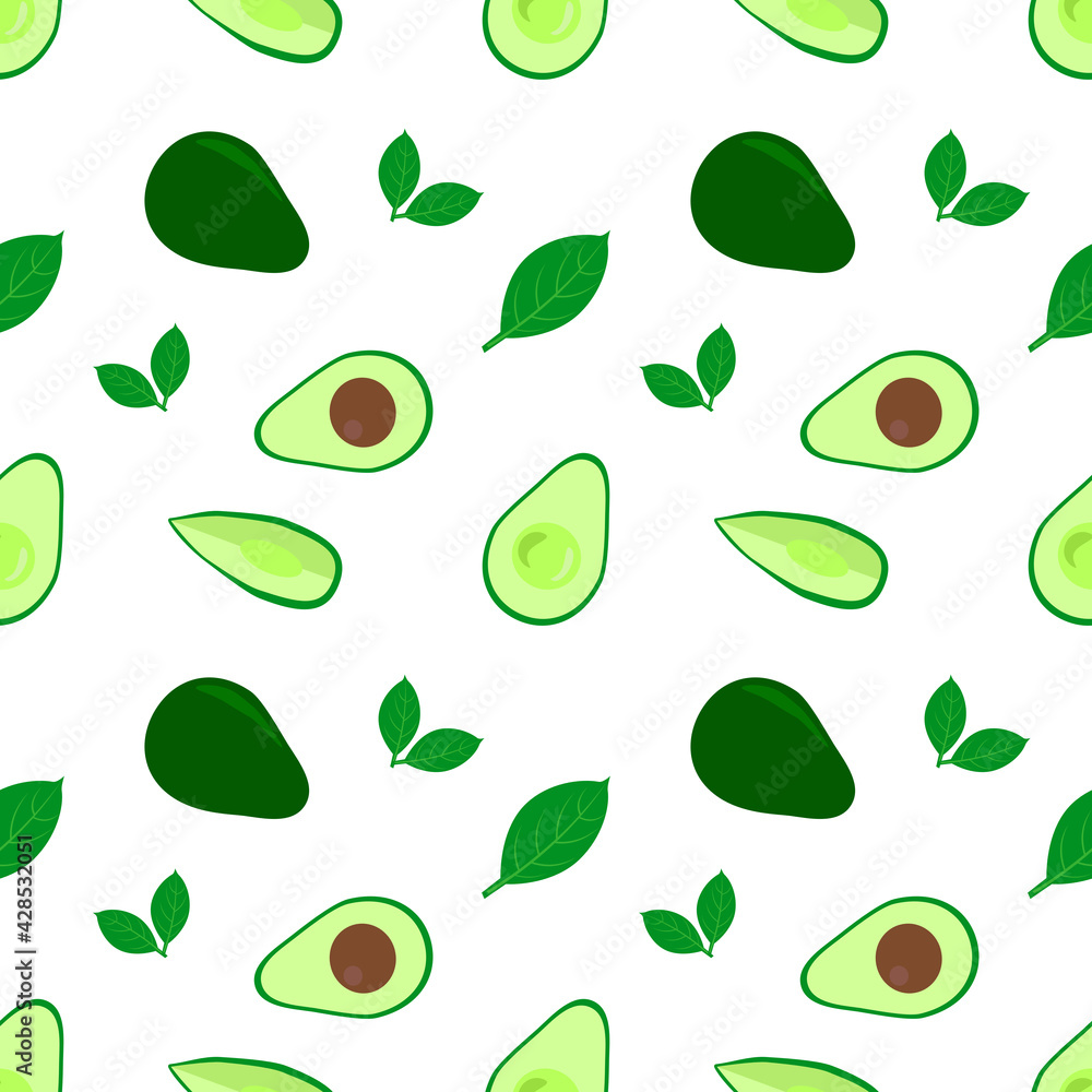 seamless pattern with avocado fruit slices and leaves on a white background. seamless pattern with avocado fruit slices and leaves on a white background.