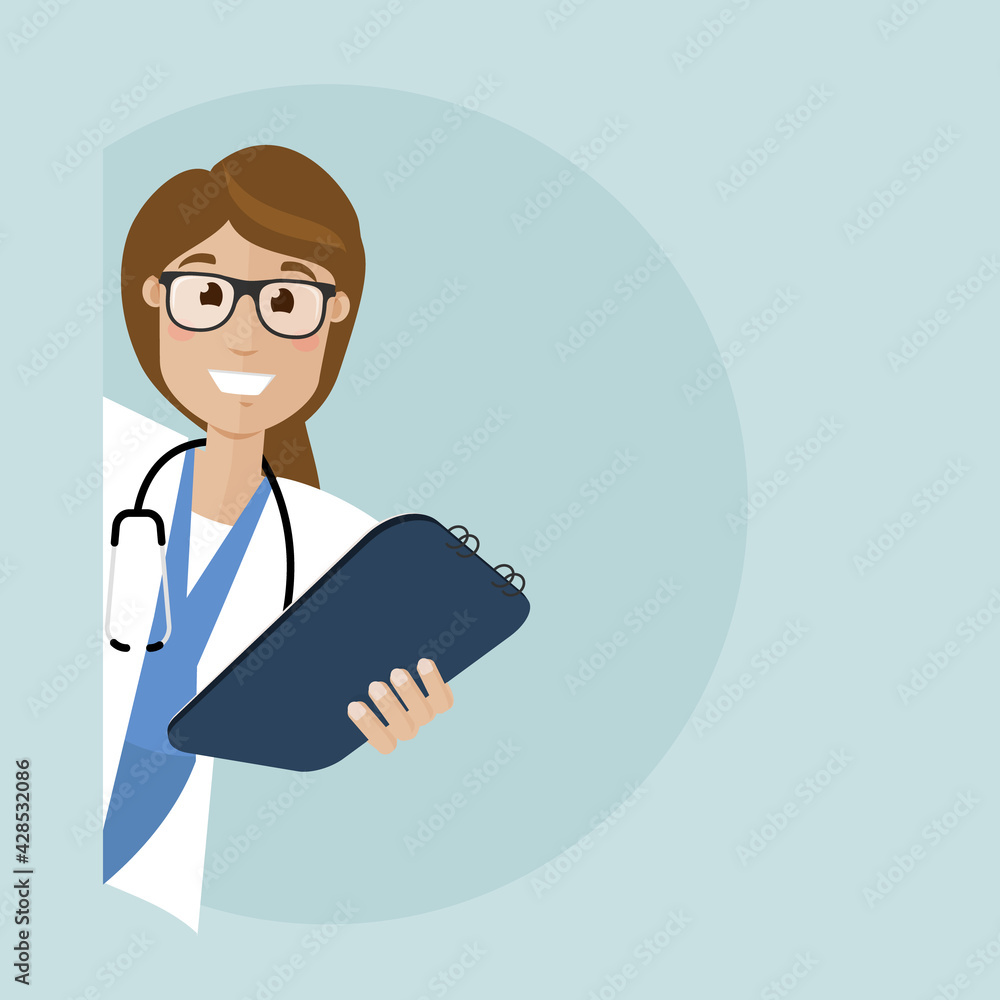 Smiling doctor peeking around the corner and holding a tablet for notes. Vector flat illustration. Smiling doctor peeking around the corner and holding a tablet for notes. Vector flat illustration.