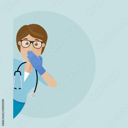 Young nurse in eyeglasses and medical gloves peers around the corner and covers his face with his hand. 