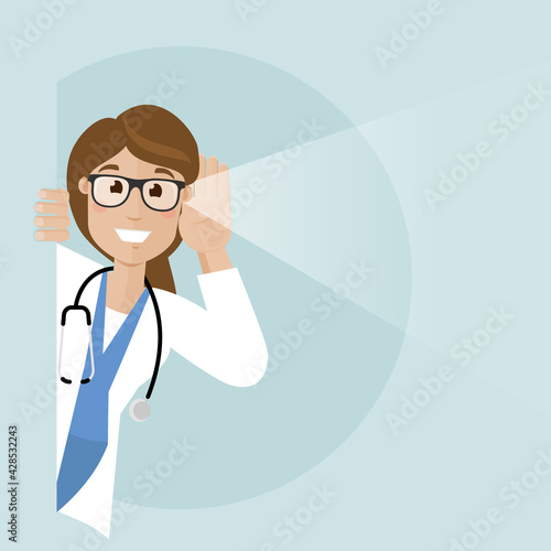 Female doctor in white coat peeks around the corner and her a good news.