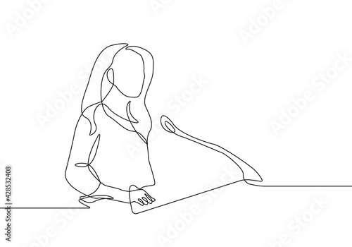 Woman Speaker Line Art Drawing. Minimalist Black Lines Drawing of Woman Speaker. Continuous One Line Abstract Drawing. Vector Illustration.