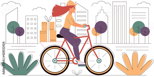Courier girl with boxes rides a bicycle around the city. Fast delivery, online orders. Express delivery and logistics concept. Modern vector illustration
