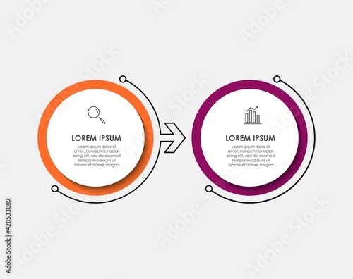 Minimal Business Infographics template. Timeline with 2 steps, options and marketing icons .Vector linear infographic with two circle conected elements. Can be use for presentation.