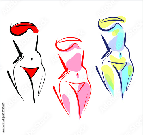Vector handmade fashion digital sketch set with beautiful sports girl in swimsuit for design fitness logo 