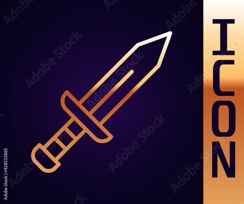 Gold line Sword icon isolated on black background. Medieval weapon. Vector