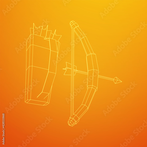 Medieval Bow and arrow archer weapon. Wireframe low poly mesh vector illustration.