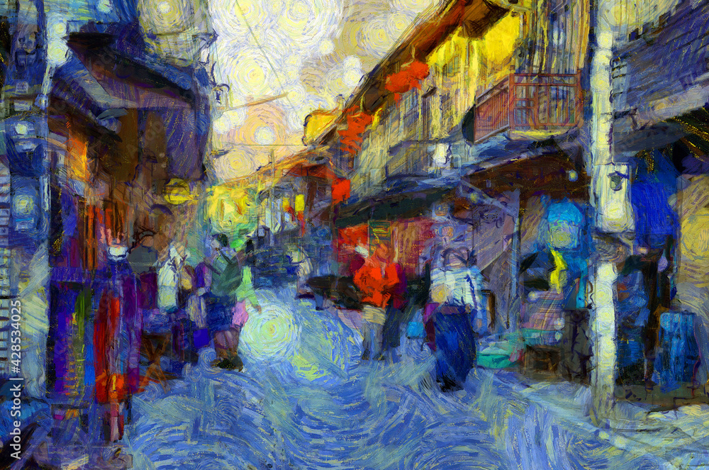 Fototapeta premium Morning market landscape, community market along the Mekong River Illustrations creates an impressionist style of painting.