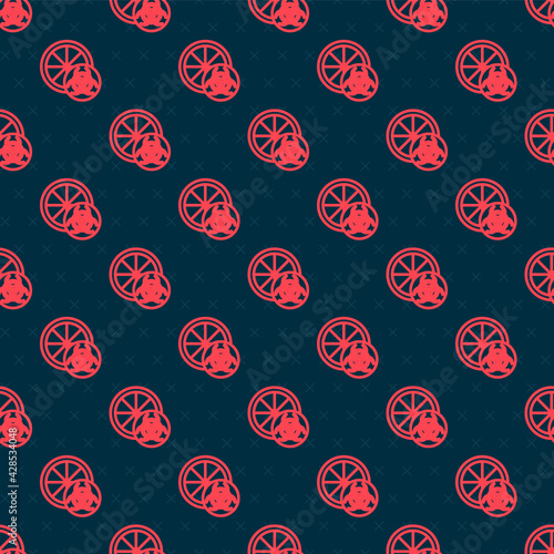 Red line Genetically modified citrus fruit icon isolated seamless pattern on black background. Orange in a cut. Healthy lifestyle. GMO fruit. Vector