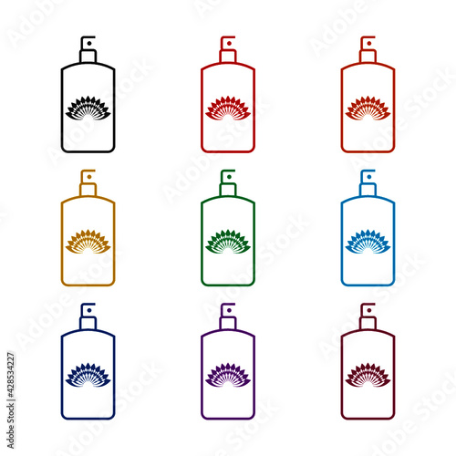 Perfume with lotus flower icon isolated on white background color set