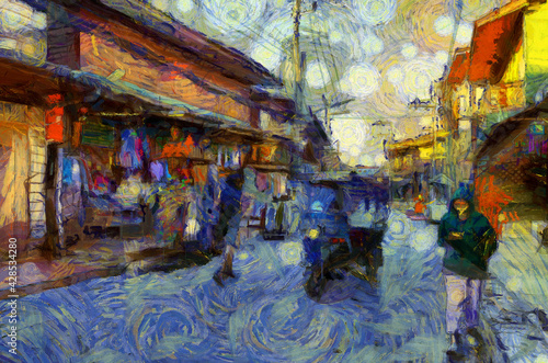Landscape of an ancient trading village in Thailand Illustrations creates an impressionist style of painting.