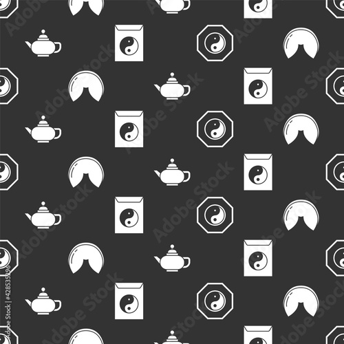 Set Yin Yang, Chinese fortune cookie, Chinese tea ceremony and Yin Yang and envelope on seamless pattern. Vector