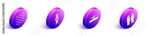 Set Isometric Wave, Water meter, Industry pipe and valve and Rubber gloves icon. Vector
