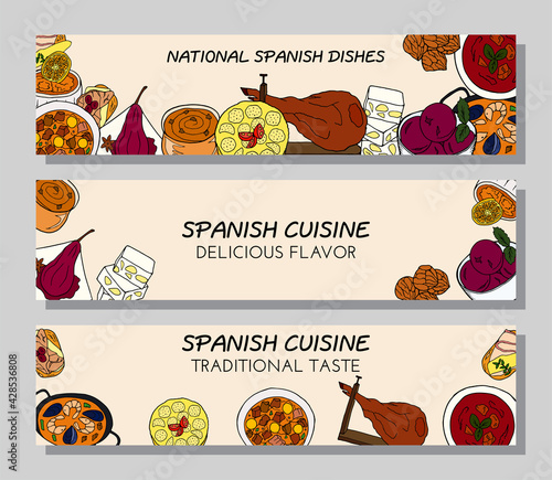 Hand-drawn poster set with traditional Spanish cuisine dish and desserts. Design sketch element for menu cafe, bistro, restaurant, bakery and packaging.  Colorful vector illustration.