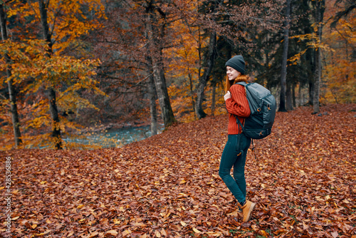 happy young woman with a backpack in jeans boots and a sweater are walking in the autumn forest near the tall trees  © SHOTPRIME STUDIO