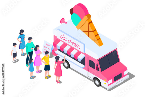 The queue for the food truck with ice cream. People of different genders and ages want to buy ice cream. Children and adults, men and women. Isometric vector illustration. Isolated on white background