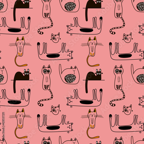 Vector seamless pattern with cute doodle-style cats in monochrome on a red background. Children's illustration for pajamas, clothing, postcards, packaging paper, pet stores