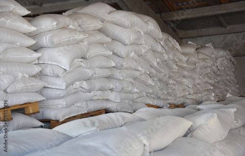 Bags of rice are placed on wooden pallets in straight rows in the warehouse for further transportation.