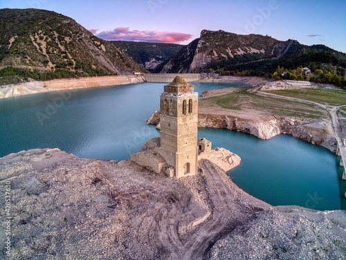 Abandoned and submerged church in the town of Mediano, in the Aragonese Pyrenees, located in Huesca, Spain.