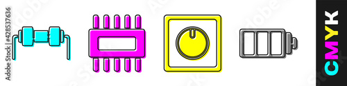 Set Resistor electricity, Processor with microcircuits CPU, Electric light switch and Battery charge level indicator icon. Vector