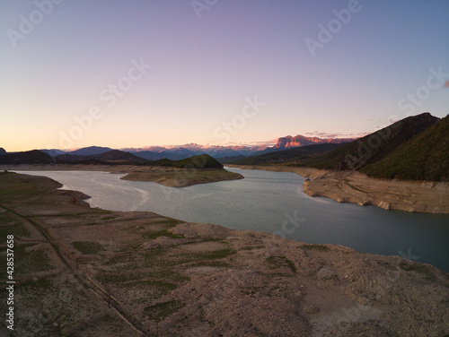 Drone view of the Mediano reservoir, located in the Aragonese Pyrenees. in the province of Huesca, Spain