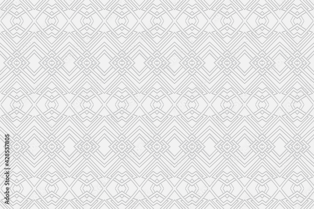Volumetric convex white background 3d relief geometric pattern with intertwining lines and shapes.Modern unique ornament texture with ethnic minimalist elements for design.