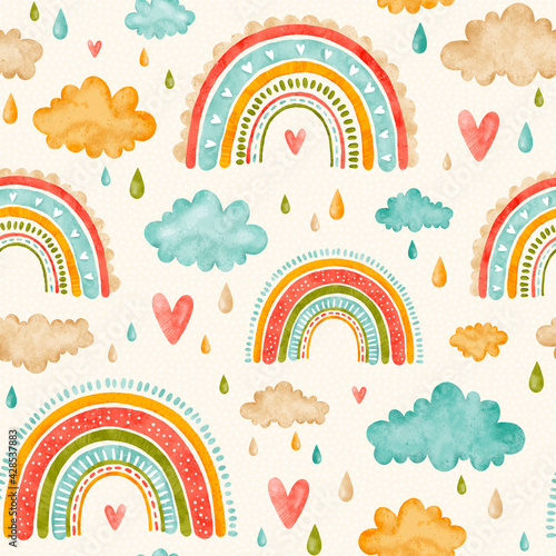 Seamless pattern rainbow, clouds, drops. Watercolor Cute pastel rainbow with drops and heart. Background in childish scandinavian style. Texture for fabric, wrapping paper, textile