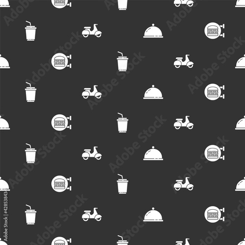 Set Covered with a tray of food, Online ordering burger delivery, Paper glass water and Scooter on seamless pattern. Vector