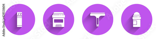 Set Shaving gel foam, Antiperspirant deodorant roll, Rubber cleaner and icon with long shadow. Vector