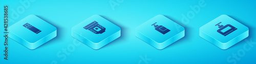 Set Isometric Shaving gel foam, Epilator, Bottle of shampoo and icon. Vector