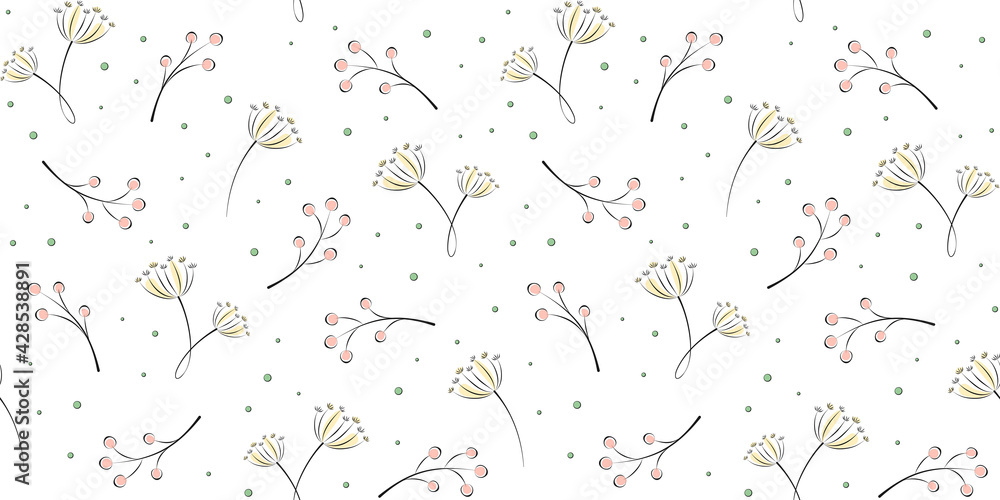 Twigs, branches with berries, inflorescences and small circles on a white. Plant and floral endless texture. Vector seamless pattern for wrapping paper, packaging, wrapper, cover and website wallpaper