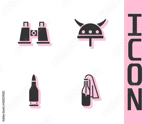 Set Cocktail molotov, Binoculars, Bullet and Viking horned helmet icon. Vector