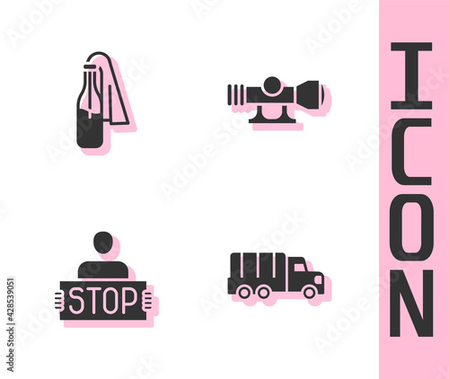 Set Military truck, Cocktail molotov, Stop war and Sniper optical sight icon. Vector