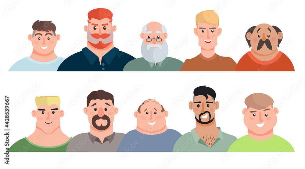 Adult men avatars set. Young men, teenagers, elderly men. Face avatars portraits, multicultural human head portraits. Vector illustrations collection. Isolated on white. Adult men avatars set. Young men, teenagers, elderly men. Face avatars portraits, multicultural human head portraits. Vector illustrations collection. Isolated on white.