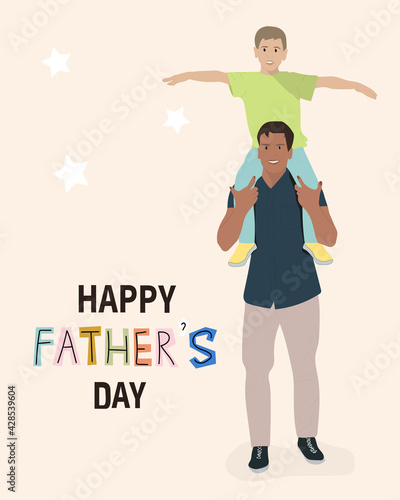 Happy father giving his son a piggyback ride on his shoulders and looking up. Father's day vector card.