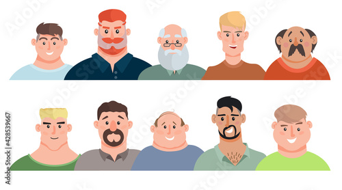 Adult men avatars set. Young men, teenagers, elderly men. Face avatars portraits, multicultural human head portraits. Vector illustrations collection. Isolated on white.