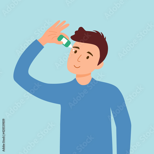 Man putting eye drops for dry eye or sore eye treatment in flat design. Guy applying contact lenses daily solution.