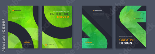 Watercolor booklet brochure green abstract cover template bundle set with black background