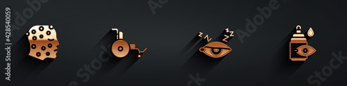 Set Psoriasis or eczema rash, Wheelchair, Insomnia and Eye drop bottle icon with long shadow. Vector
