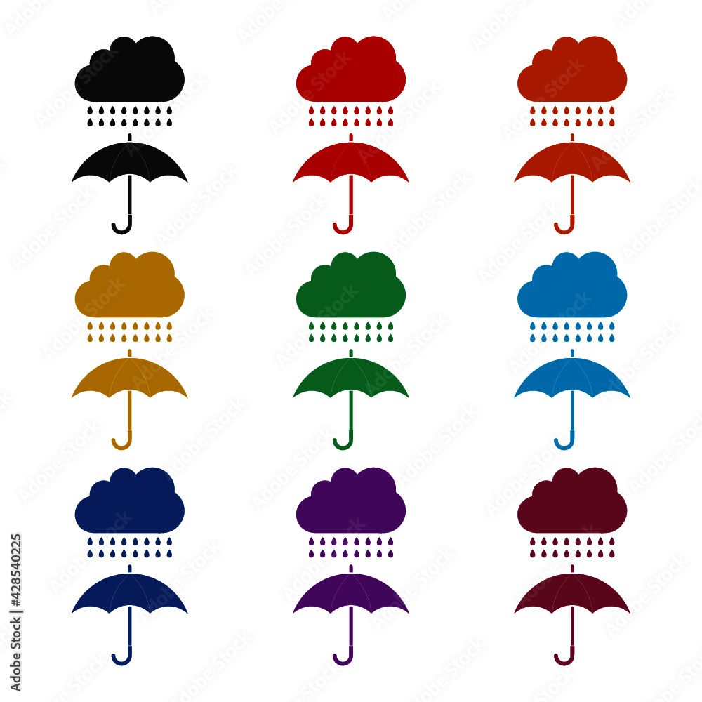 Cloud rain and opened umbrella icon isolated on white background color set Cloud rain and opened umbrella icon isolated on white background color set