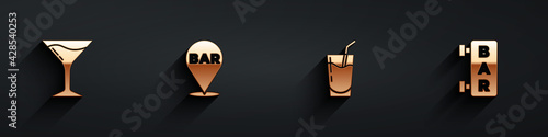 Set Martini glass, Alcohol bar location, Cocktail and Street signboard with Bar icon with long shadow. Vector