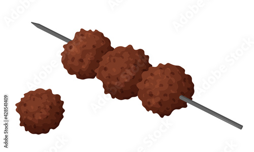 Meatballs fried on a skewer. Food, ready-made meat dish. Flat cartoon style. Color vector illustration isolated on a white background