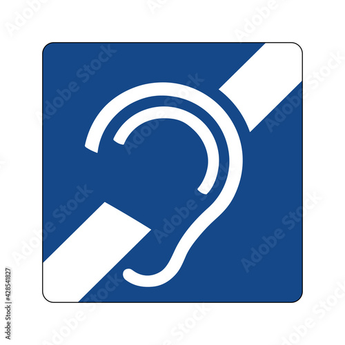 Deaf symbol. Vector illustration of blue square traffic sign with deafness icon inside. Hearing loss or hard of hearing symbol.
