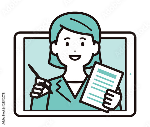書類とペンを持ってオンラインで仕事をするビジネスパーソン　女性　タブレット端末