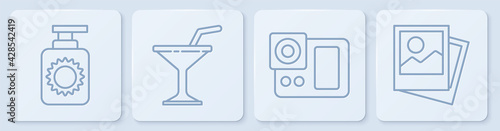 Set line Sunscreen spray bottle, Photo camera, Martini glass and Photo. White square button. Vector